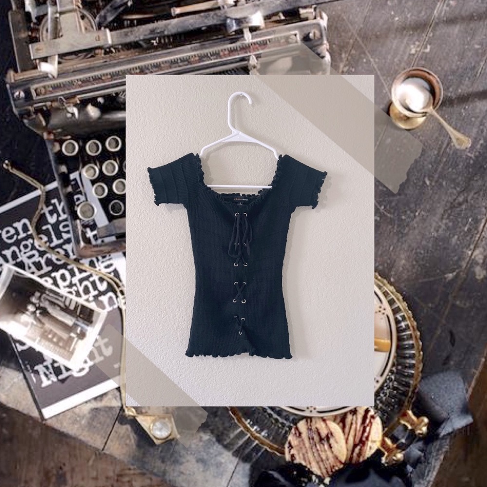 Black Ribbed Lace-Up Top